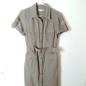 Sandra Darren Tan Safari Shirt Dress Belted Utility Dress